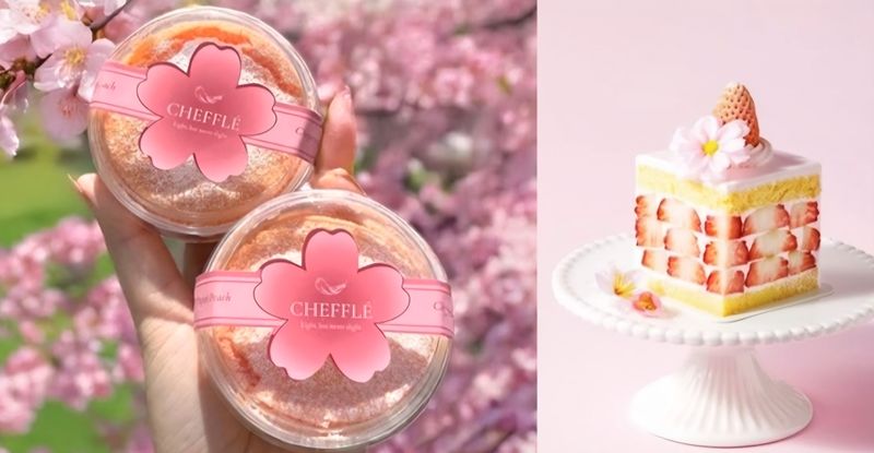 ▲ '벚꽃디저트" 축제의 시즌 한정 치플레 요거트 푸딩(왼쪽)과 네모네 케이크. 치플레·롯데월드 타워 SNS 영상 캡처