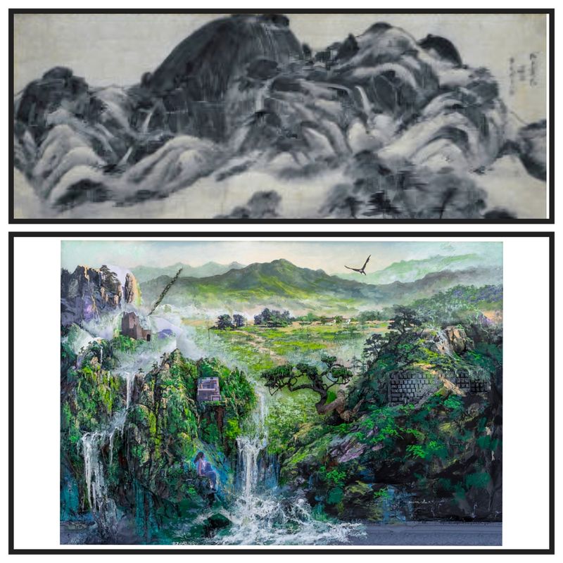 겸재 정선의 인왕제색도 그림(위), 강위덕 화백의 '메타버스'(아래)