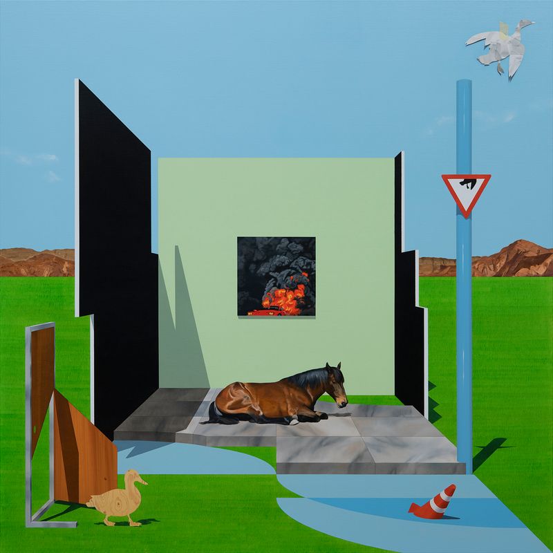 A mint-colored wall and a burning car, 2025, Oil on Canvas, 130.3x130.3cm