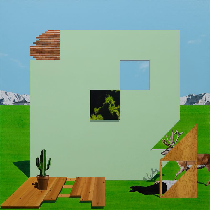 A mint-colored wall and a deep forest, 2025, Oil on Canvas, 130.3 x 130.3cm