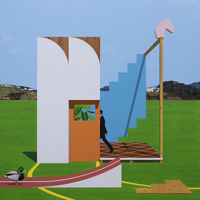 A strange structure with an orange door, 2025, Oil on Canvas, 130.3 x 130.3cm
