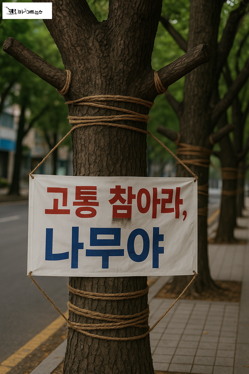 가로수들이 죄인인 양 노끈에 칭칭 감겨 있다. 가로수의 가지는 사람으로 치면 팔이다. 그 팔들이 묶여 있다. 현수막에 적혀 있는 내용이 항의거나 호소라면 그래도 나무의 고충에 혀를 찰 일이다. 나무야, 너의 그 팔이 많이 아프겠지만 참아라