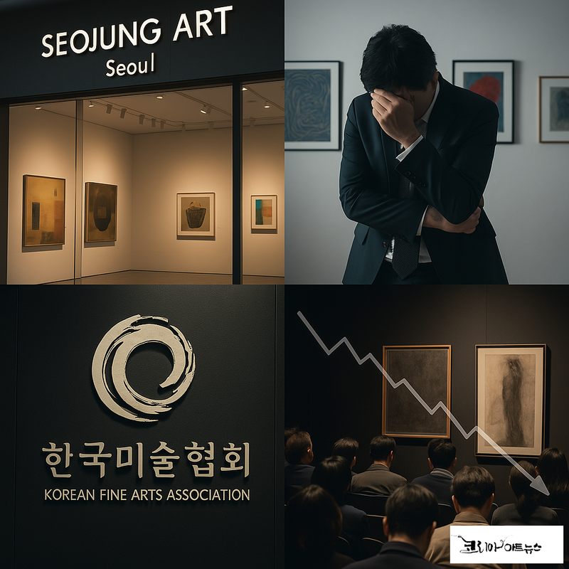 Create an image that represents the crisis in the Korean art market, showing elements like empty galleries, distressed artists, and a sense of financial instability. Avoid using text in the image.