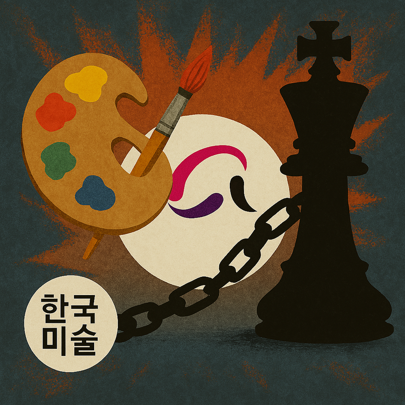 한국미술협회 로고를 중심으로 내홍에 빠진 예술단체를 상징적으로 표현한 이미지. 혼란과 갈등을 시각적으로 나타내는 요소 포함.