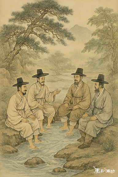 계곡물에 발을 담그고 대화를 나누는 한국의 선비들 모습을 동양화 기법으로 그려줘요