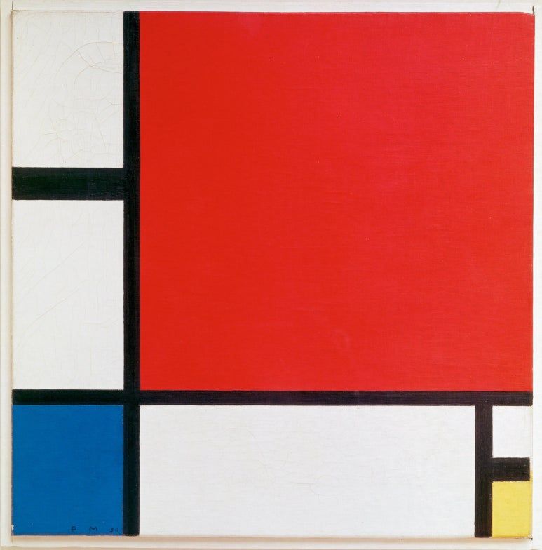 빨간, 파란, 노란색을 이용한 구성, 피에트 몬드리안, 1930년, 46 x 46cm  