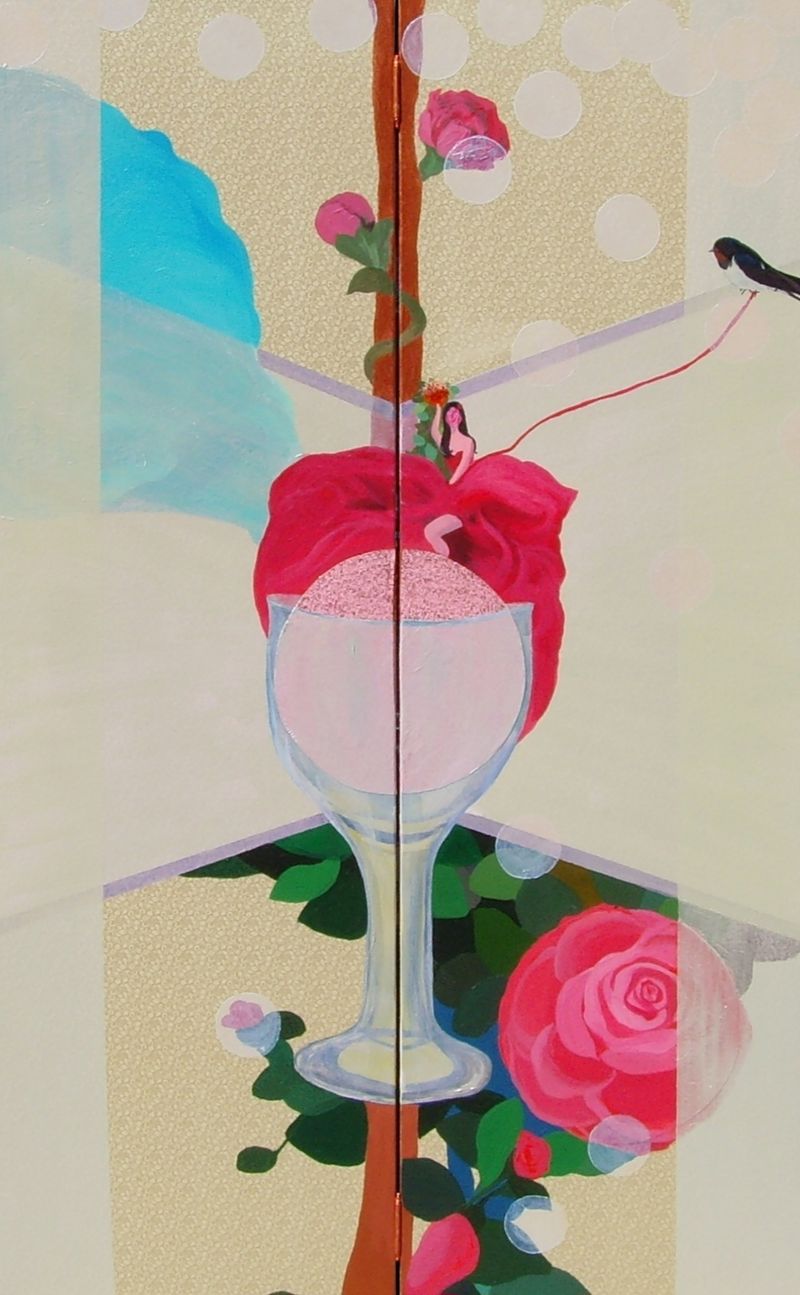 ●<군계일학Ⅱ-6_와인과 꽃>, Acrylic on silk on folded wood panel, 2020, 162×50cm(2ea) 손지연 작품 (군계일학(群鷄一鶴) 유니크 갤러리 제공)