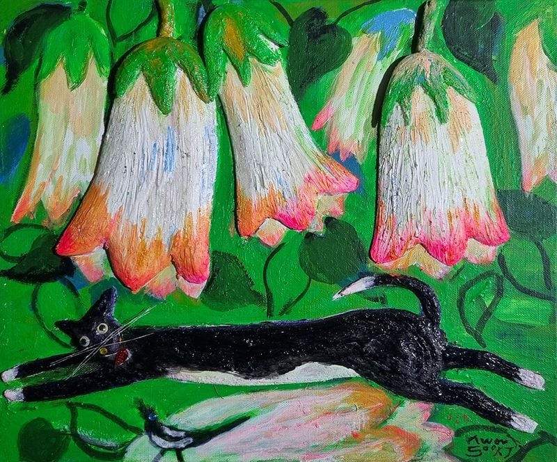 권숙자 작, The Story of Angelie Castle – A Lonely Viola Calls to a Magpie Beneath the Bellflower/ 45.5×37.9cm