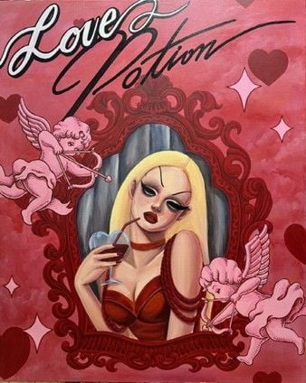 <미미작, Love Potion, 2025_캔버스에 아크릴릭, 혼합재료_92x73cm/전시기획사 고운 제공>