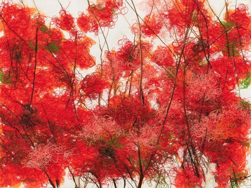 홍진희 ㅣ 다홍 숲 01, 30×40cm, cotton thread on Korean paper 2025