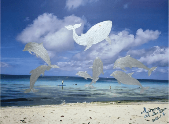 고래의 춤_푸른빛을 담아 춤추다 Whale's Dream, Dancing with the blue light50F(72x117cm_Acrylic on canvas& nature photography printing_2025