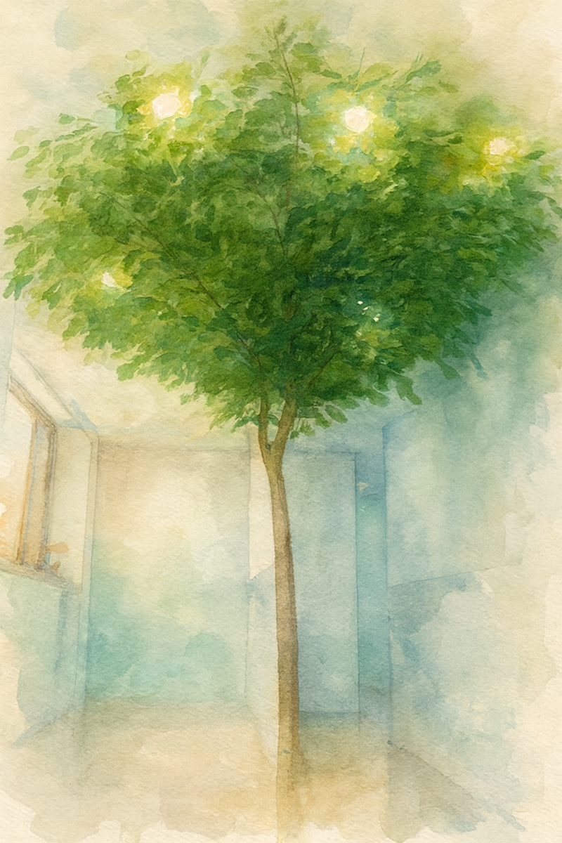 실내에 통나무와 푸른 잎이 천장까지 뻗은 나무가 있는 현대적인 흰 벽의 방을 수채화 스타일로 표현