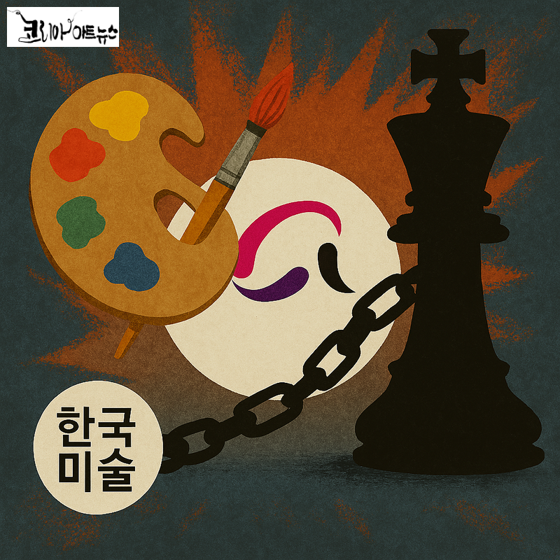 한국미술협회 로고를 중심으로 내홍에 빠진 예술단체를 상징적으로 표현한 이미지. 혼란과 갈등을 시각적으로 나타내는 요소 포함.