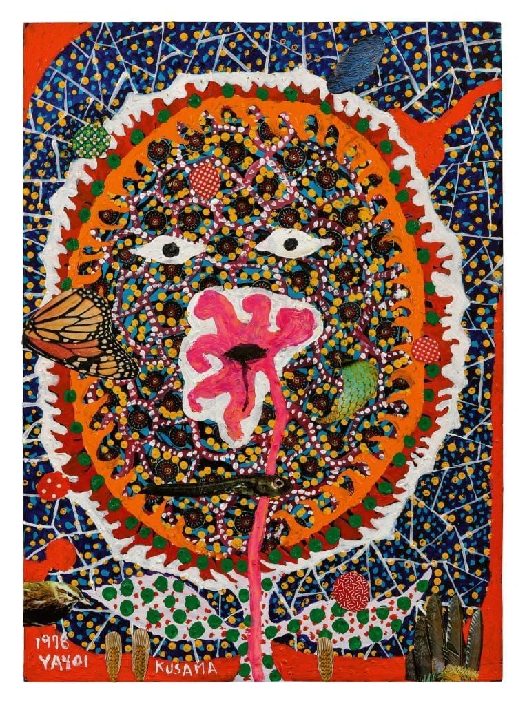 An image of a colorful, high contrast and semi-abstract collage apparently depicting an outline of the sun with eyes inside