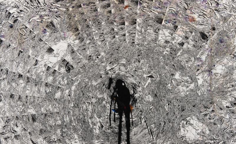 덫, 2025, 장지에 먹과 잉크, 나무젓가락 드로잉, 80.5×130.5cm