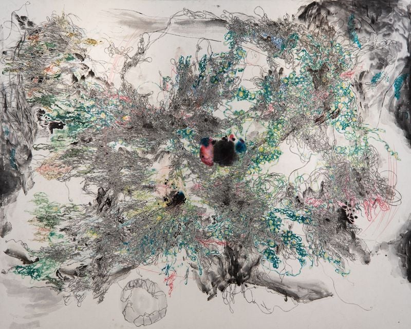 신경(神經), 2020, 장지에 먹과 잉크, 나무젓가락 드로잉, 130.3×162.2cm