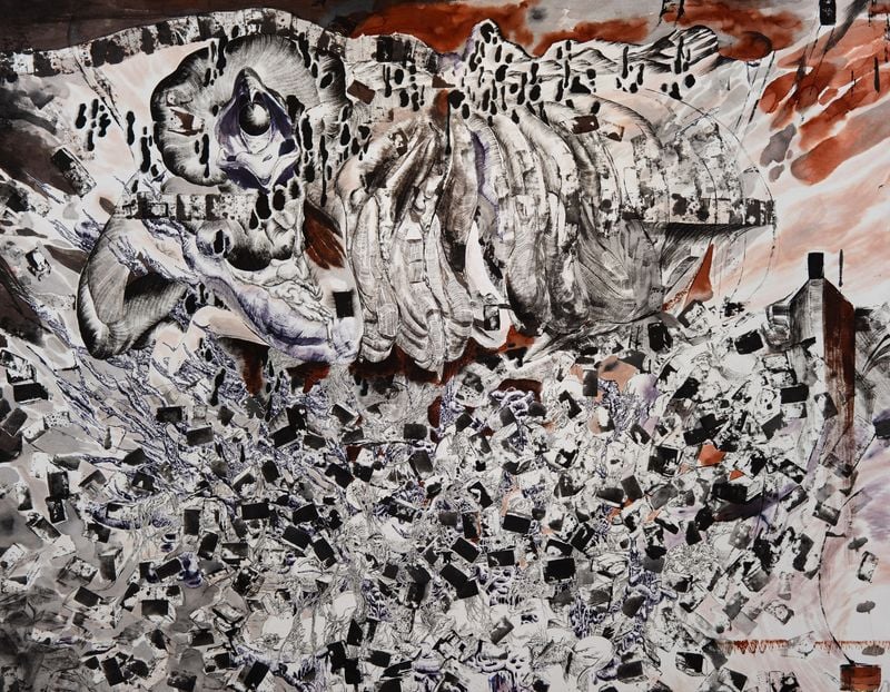 줄탁동기(啐啄同機), 2024, 장지에 먹과 잉크, 나무젓가락 드로잉, 91×116.8cm