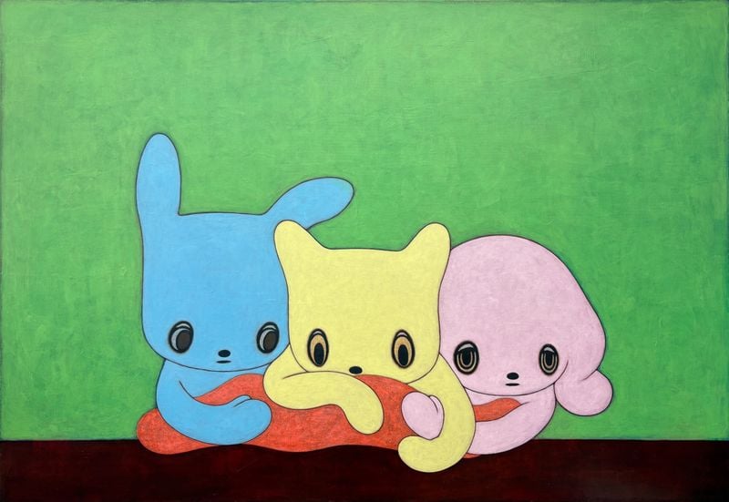 Gentle Protection, 162 x 112 x 4 cm, Acrylic, color pencil, Japanese paper on canvas, 2026 Maiko Kobayashi