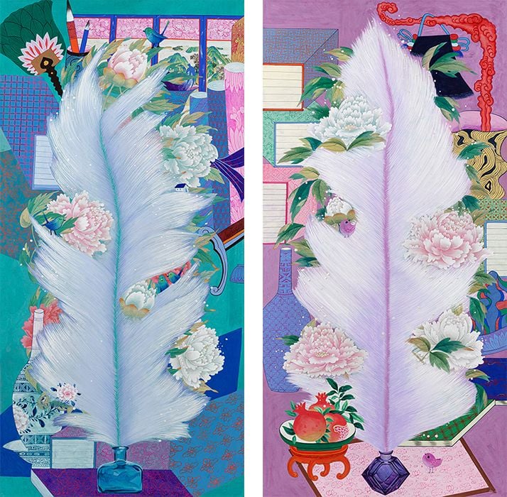 백정희 ㅣ숨결ⅠⅡ, 136×67cm, 한지에 수간분채