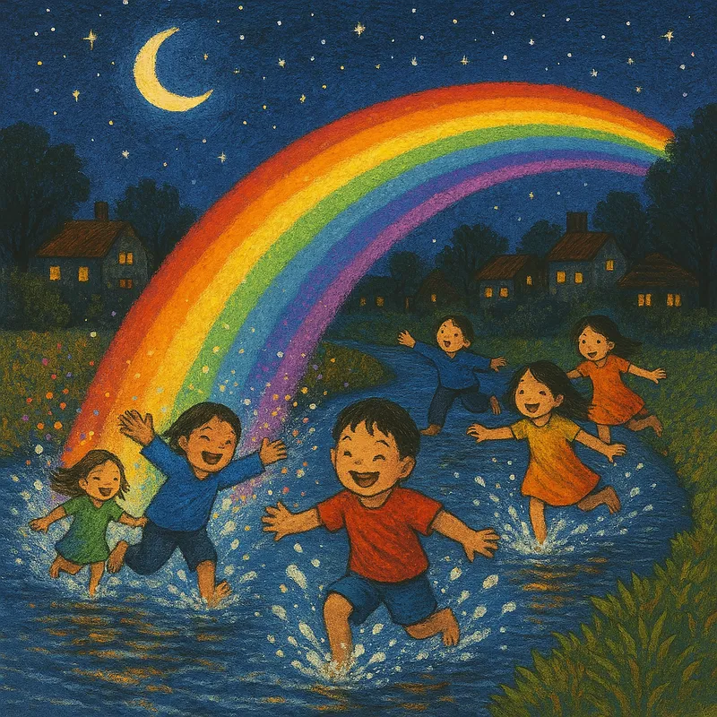 A nostalgic illustration of a small village with a stream named Sosacheon, where a vibrant rainbow arches across the sky. Children are joyfully splashing in the stream, chasing the rainbow, with water droplets creating endless rainbows. The scene is filled with laughter, and at night, the stars shine brightly, and the stream is silent.